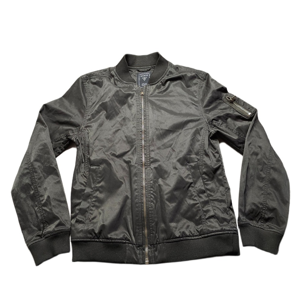 GUESS Bomber Jacket Mens Medium‎ Black Lined Zipper Pocket Long Sleeve Full Zip